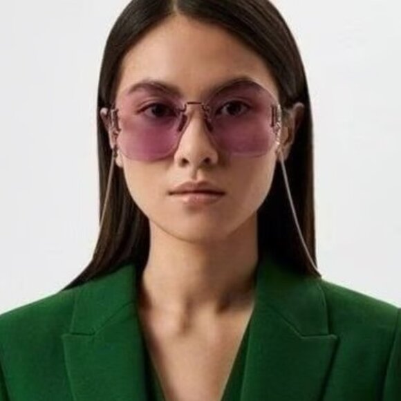 Gucci Women Sunglasses Gold Chain Violet Round GG1203S 001 NEW AUTHENTIC
